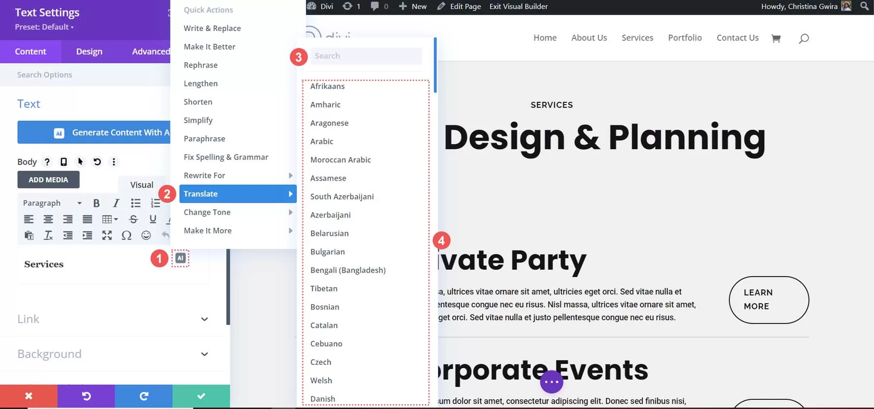 Divi AI翻译语言选项