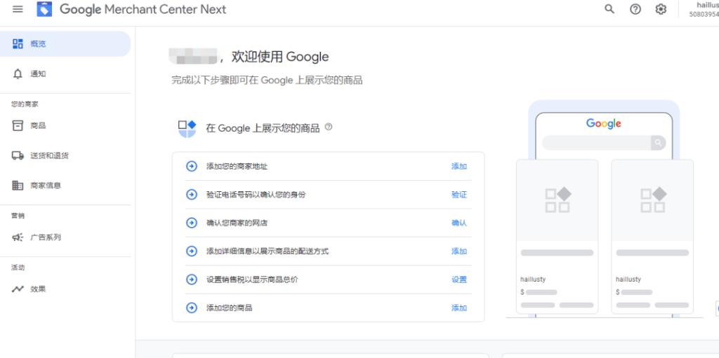 Google Merchant Center 界面